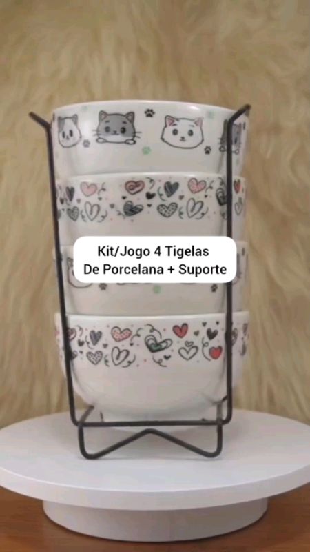 Kit Jogo 4 Tigelas Porcelana Cumbuca Bowl Decorada Pet + Suporte #tigelasporcelana #cozinha #tigelasdecoradas