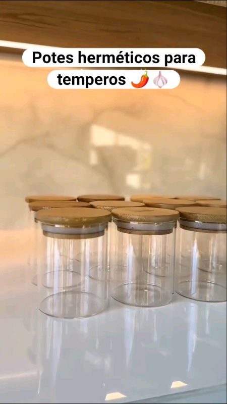 Conjunto Porta Mantimento De Vidro 250ml Hermético Tampa De Bambu Para Alimentos Temperos
