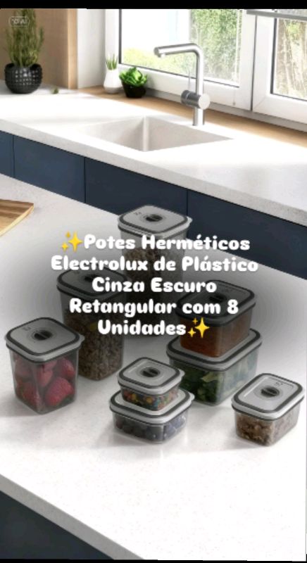Potes Herméticos Electrolux de Plástico Cinza Escuro Retangular com 8 Unidades#poteplastico#hermeticoElectrolux#potehermetico#