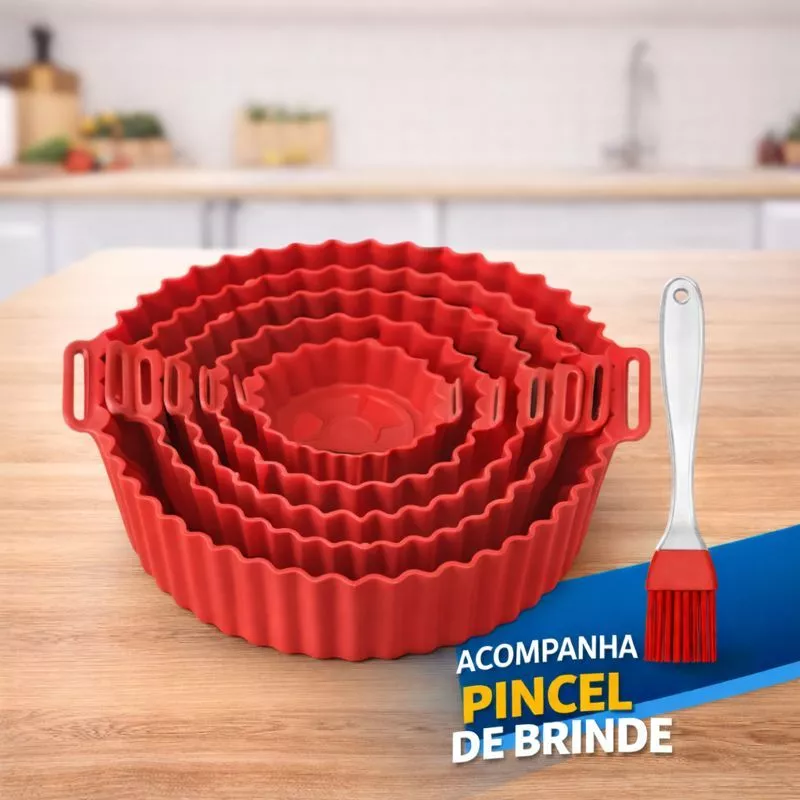 Kit 6 Forma Para Air Fryer Silicone Antiaderente Forno Microondas + Pincel Culinario