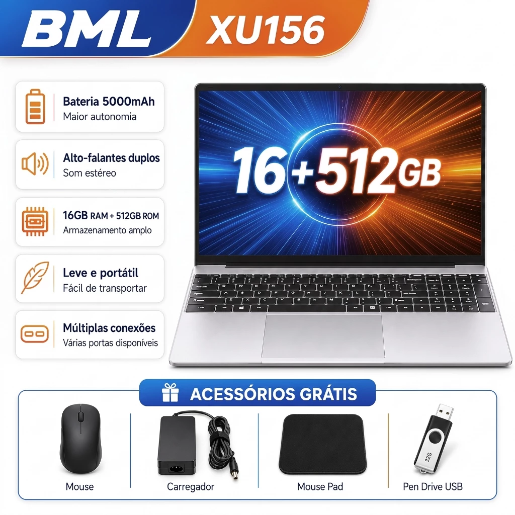 Notebook Gamer 15,6" HD 1080 N156 Intel Celeron 12GB RAM 512GB SSD Windows 10 5G LTE Wi-Fi Notebook-Full HD IPS Lumina