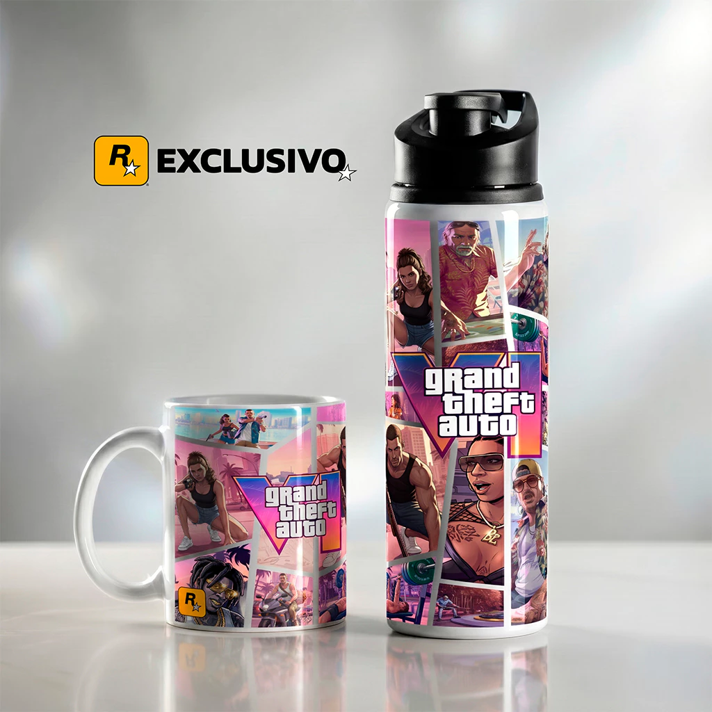 Kit GTA 6: caneca de cerâmica + garrafa squeeze