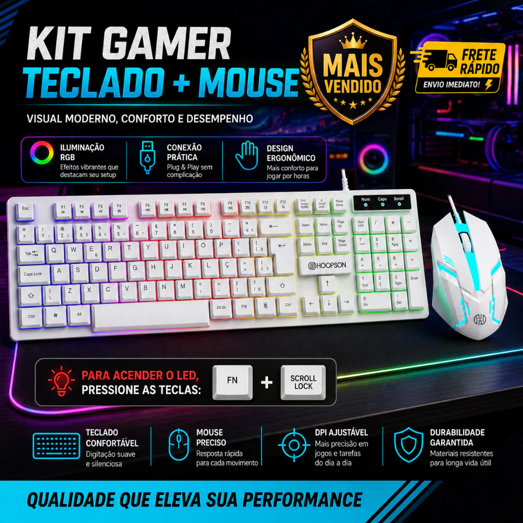 Kit Teclado e Mouse branco Gamer RGB LED USB ABNT2 Profissional com Luz para PC Notebook Promoção teclado gamer