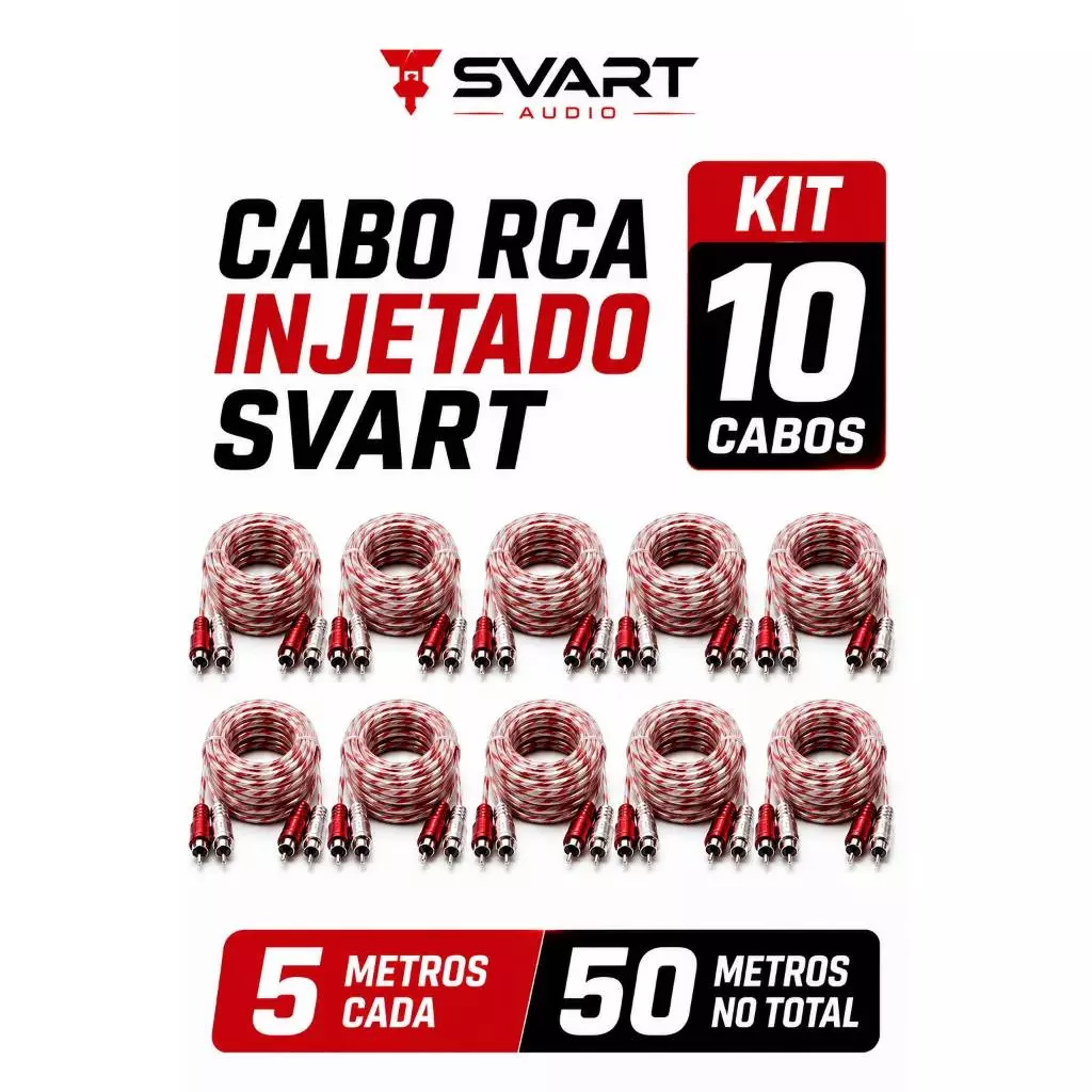 Kit 10 Cabos RCA Automotivo 5m Vermelho 4mm Blindagem Dupla carro barco caminhao lancha paredao automotivo