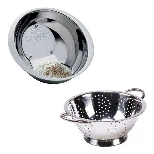 Kit Conjunto Escorredor De Massa e Macarrão 24cm com Alça + Lavador de Arroz Mini 24cm em Inox Kit Conjunto Escorredor De Massa e Macarrão 24cm com Alça + Lavador de Arroz Mini 24cm em Inox