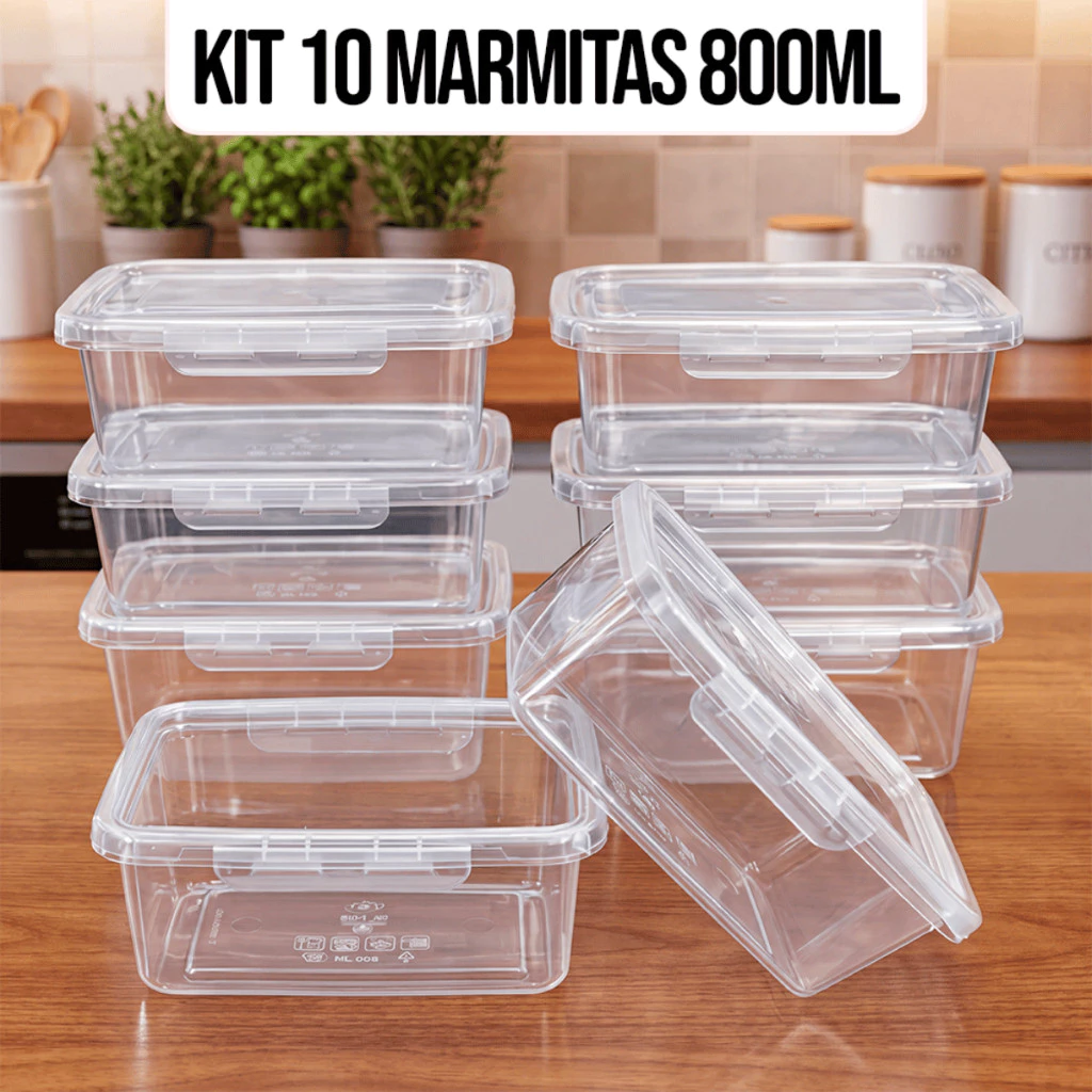 10 Marmitas Potes 800ml Travas Laterais hermeticas - Livres de BPA Alimentos organiza congelador - KAZIVA